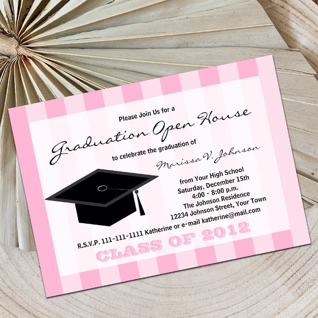 Graduation Open House Announcement Pink Stripes (Creator Uploaded)