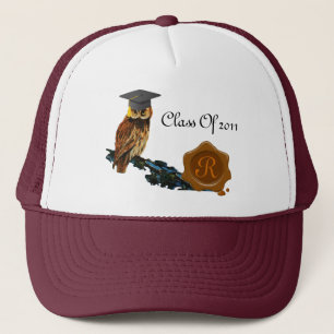 GRADUATION OWL AND BROWN WAX SEAL MONOGRAM TRUCKER HAT