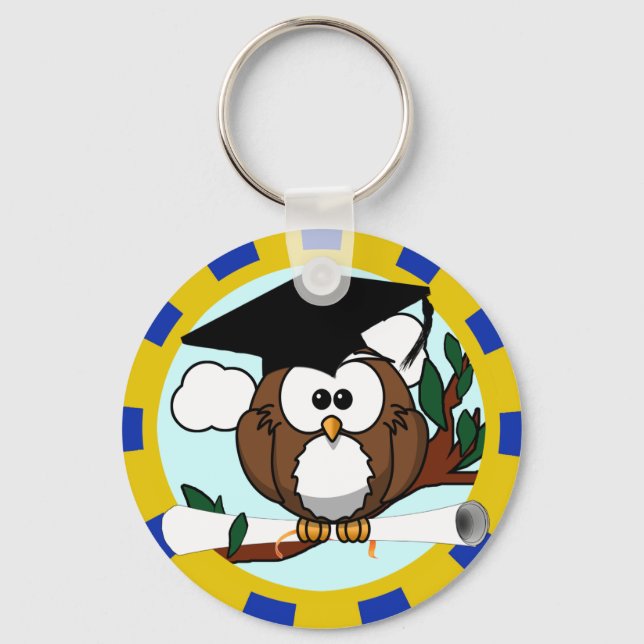 Graduation Owl Blue And Gold Key Ring (Front)