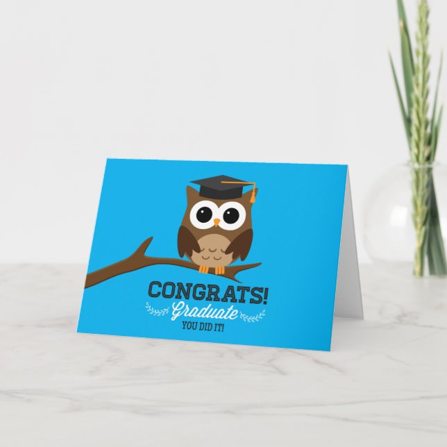 Graduation Owl on Blue Congratulations Card (Front)