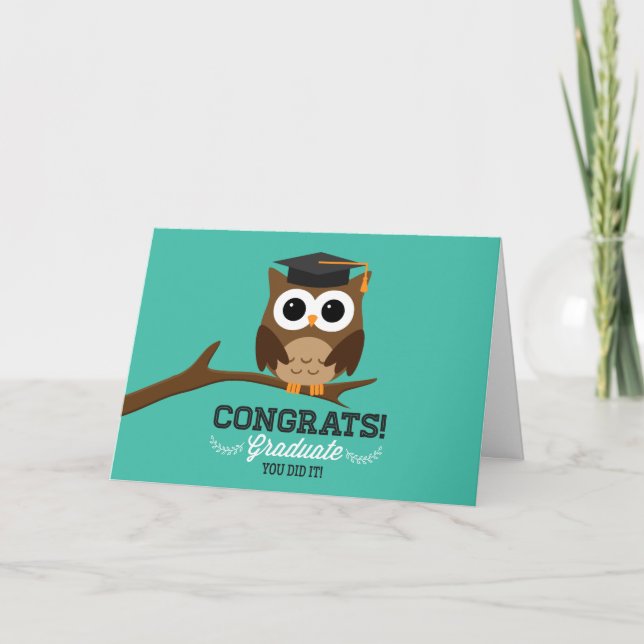 Graduation Owl on Teal Congratulations Card (Front)