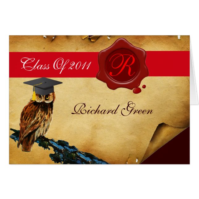GRADUATION OWL PARCHMENT RED WAX SEAL MONOGRAM (Front Horizontal)