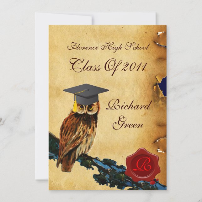 GRADUATION OWL PARCHMENT RED WAX SEAL MONOGRAM INVITATION (Front)