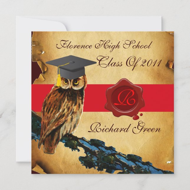 GRADUATION OWL PARCHMENT RED WAX SEAL MONOGRAM INVITATION (Front)