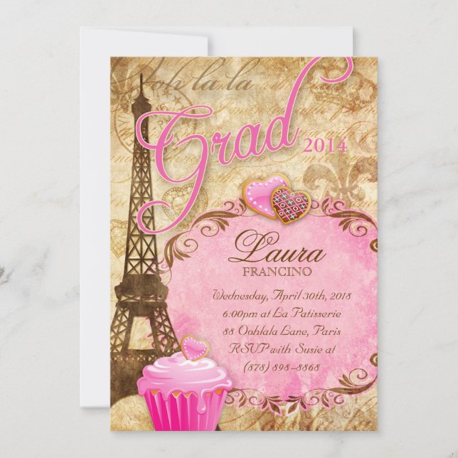 Graduation Paris Eiffel Tower Vintage Flower Pink Invitation (Front)