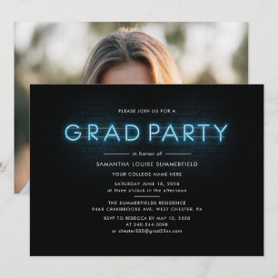 Graduation Party 2022 Photo Blue Neon College Grad Invitation