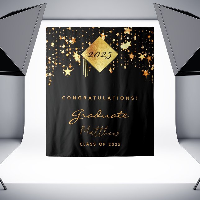 Graduation party 2023 black gold stars graduate tapestry (Creator Uploaded)