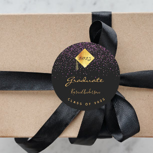Graduation party 2023 graduate black purple cap classic round sticker