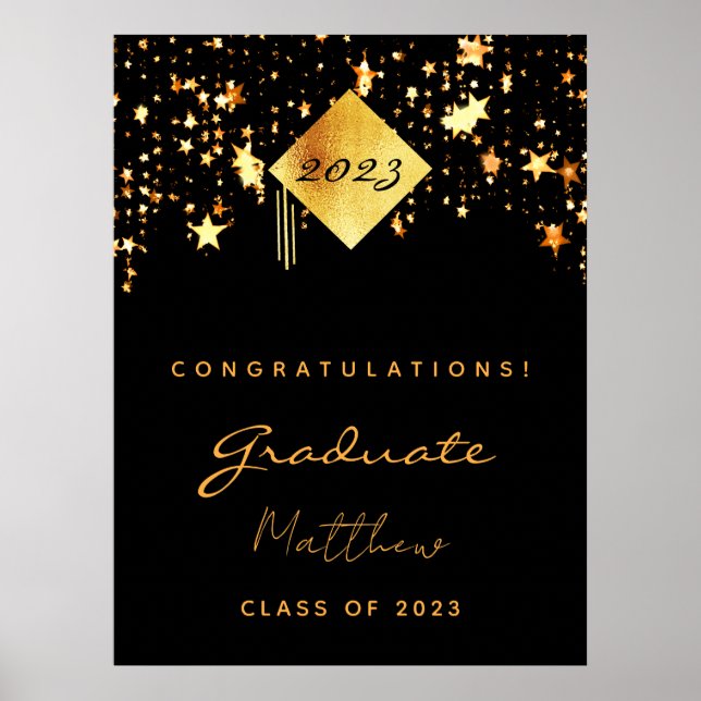Graduation party 2024 black gold stars graduate poster (Front)