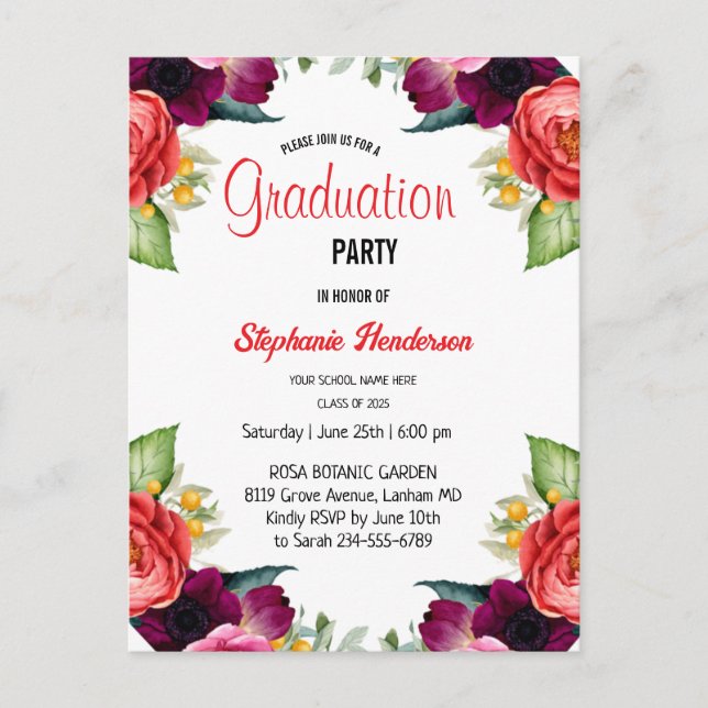 Graduation Party 2025 Girly Blush Pink Floral Postcard (Front)