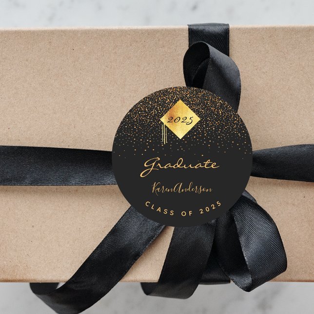 Graduation party 2025 graduate black gold cap classic round sticker (Creator Uploaded)