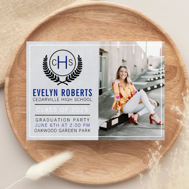 Graduation Party 2025 Monogram Blue Invitation (Creator Uploaded)