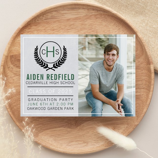Graduation Party 2025 Monogram Green Invitation (Creator Uploaded)