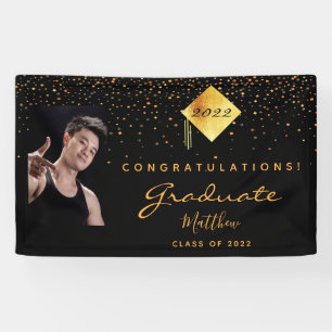 Graduation party 2025 photo black gold confetti banner