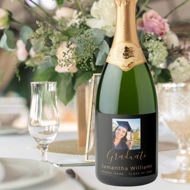 Graduation party 2026 photo black gold  sparkling wine label (Creator Uploaded)