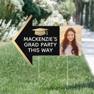Graduation Party 2 Photo Arrow Black and Gold Yard Garden Sign