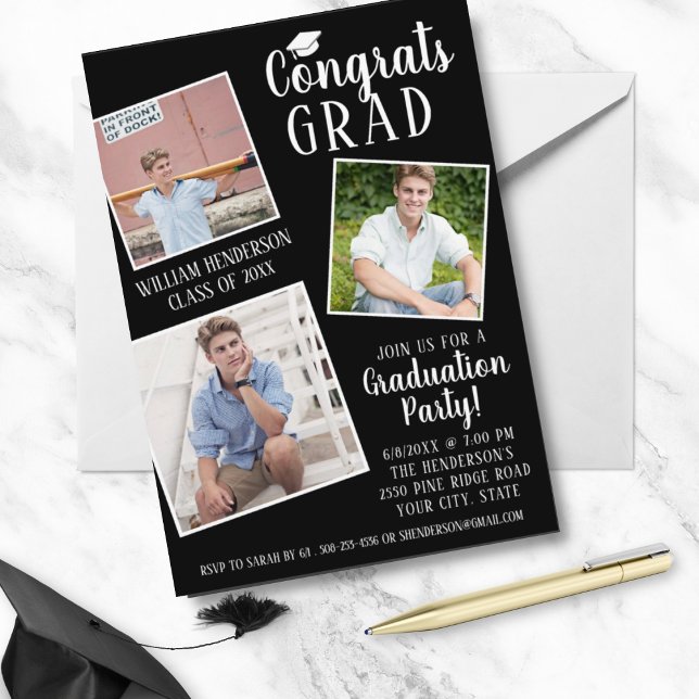 Graduation Party 3 Photos Editable Colour Stripes Invitation (Creator Uploaded)