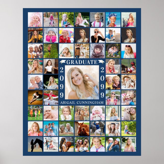Graduation Party 55 Photo Collage Blue or Custom Poster (Front)