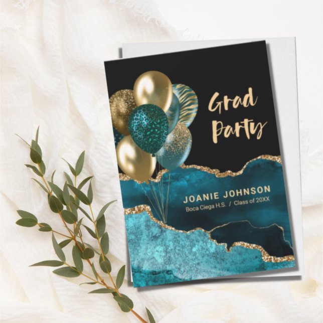 Graduation Party Balloons Teal Gold Agate Invitation (Creator Uploaded)