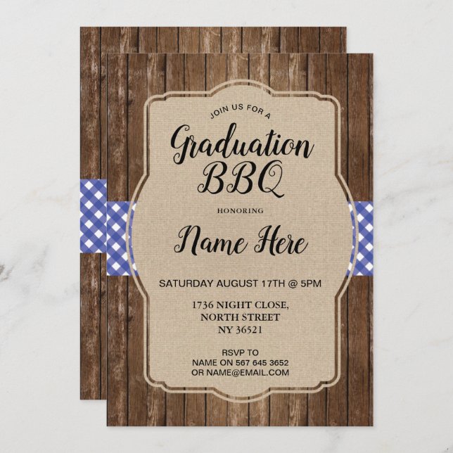 Graduation Party BBQ Invite Blue Gingham Burlap (Front/Back)