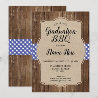 Graduation Party BBQ Invite Blue Gingham Burlap