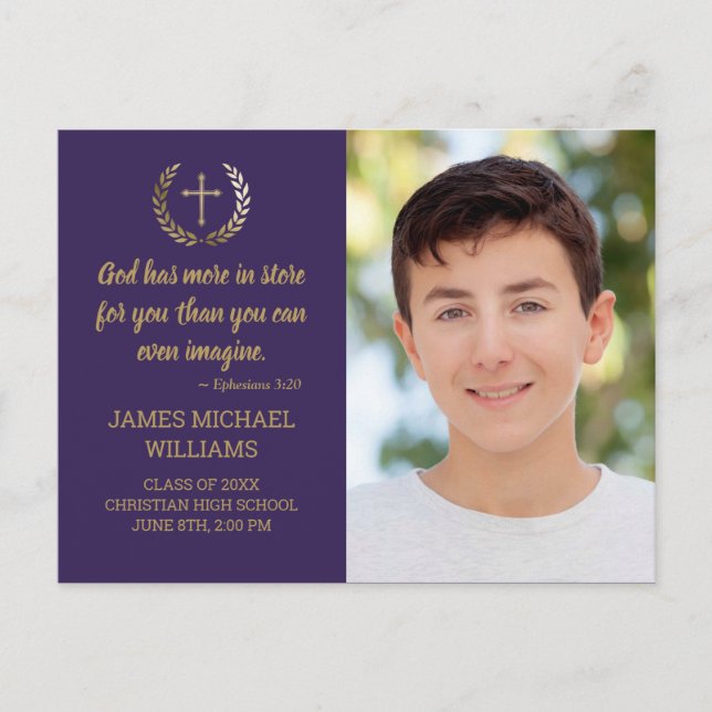 Graduation Party Bible Verse Photo Purple Gold Postcard (Front)