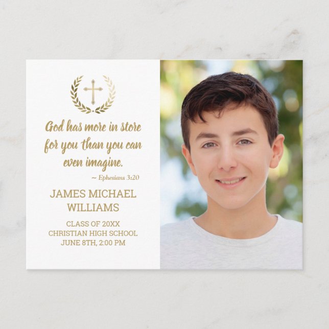 Graduation Party Bible Verse Photo White Gold Postcard (Front)