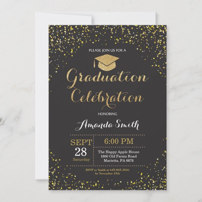 Graduation Party Black and Gold Glitter Invitation (Front)