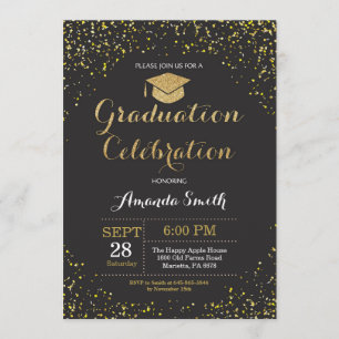 Graduation Party Black and Gold Glitter Invitation