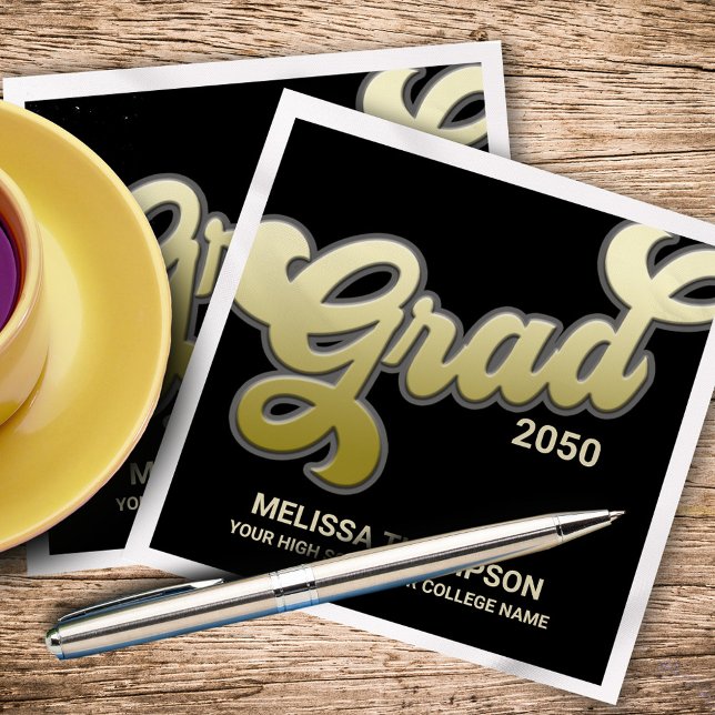 Graduation Party Black and Gold Typography Napkin (Graduation gold gradient "Grad" typography paper cocktail napkin.)