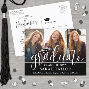 Graduation Party Black and White Script 3 Photo Invitation Postcard