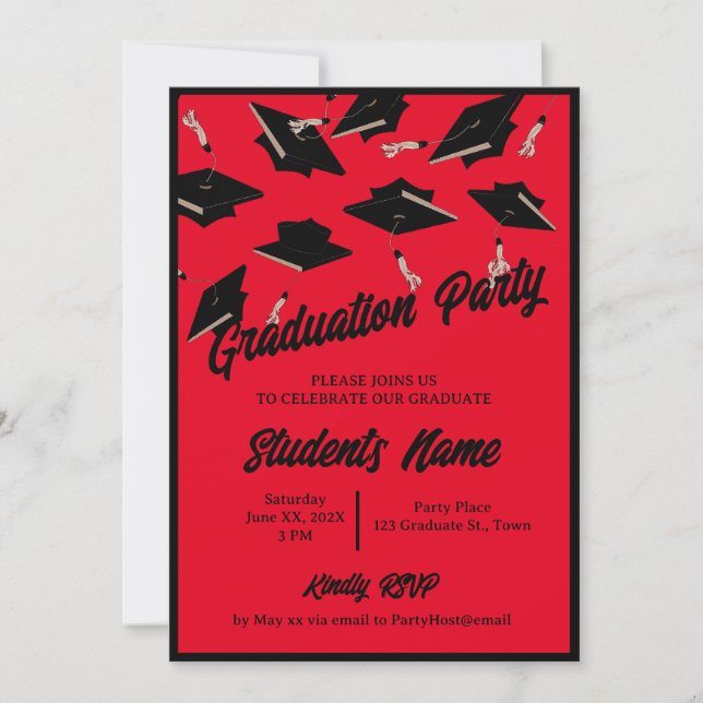 Graduation Party Black Caps in the Air on Red Invitation (Front)