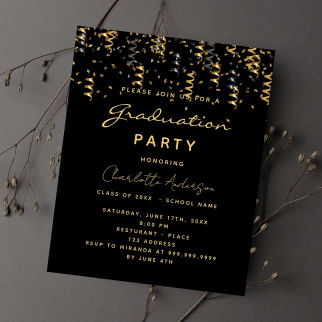 Graduation party black gold budget invitation flyer (Creator Uploaded)
