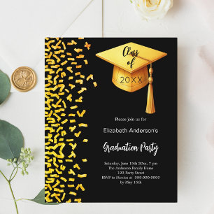Graduation party black gold confetti invitation