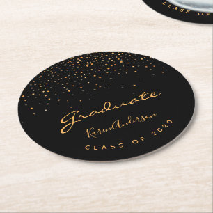 Graduation party black gold mame elegant round paper coaster