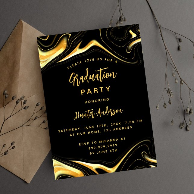Graduation party black gold modern invitation postcard (Creator Uploaded)