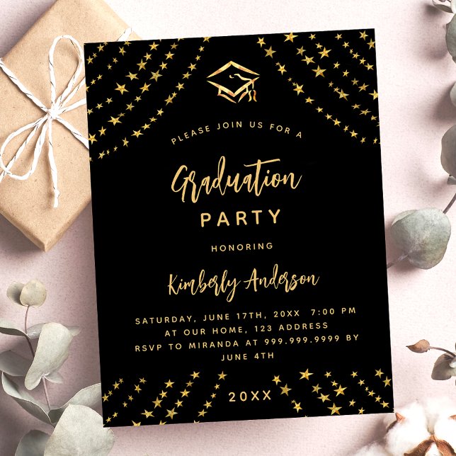 Graduation party black gold star budget invitation (Creator Uploaded)
