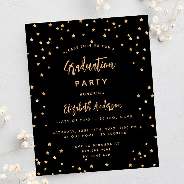 Graduation party black gold star budget invitation flyer (Creator Uploaded)