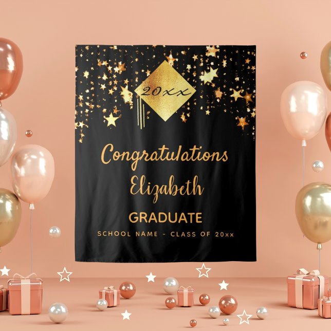 Graduation party black gold stars graduate tapestry (Creator Uploaded)