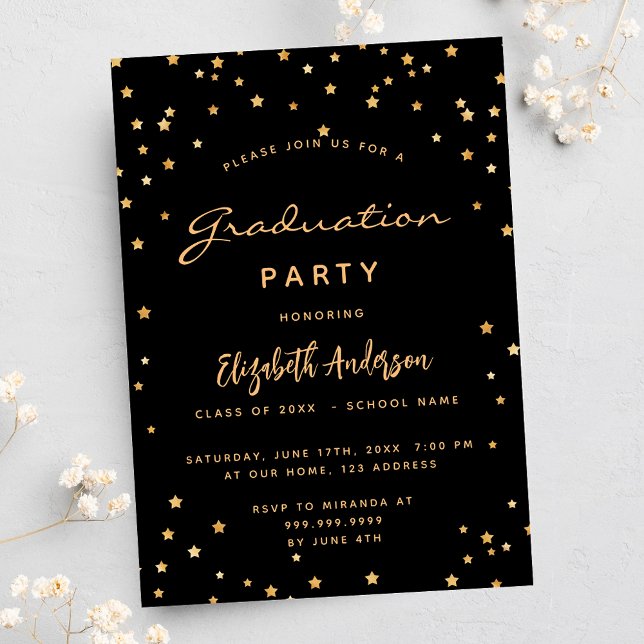 Graduation party black gold stars invitation (Creator Uploaded)