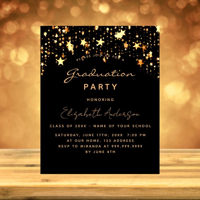 Graduation party black gold stars invitation postcard (Creator Uploaded)