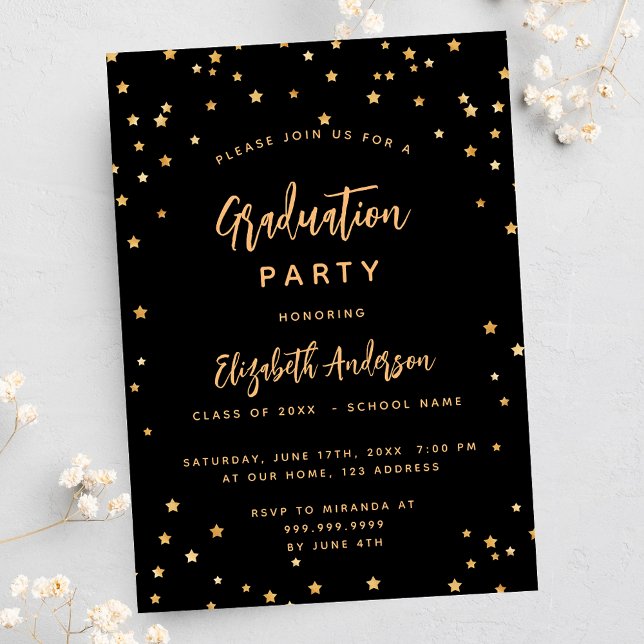 Graduation party black gold stars luxury invitation (Creator Uploaded)