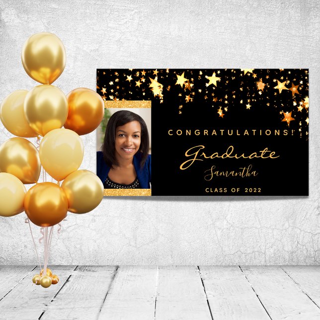 Graduation party black gold stars photo poster (Creator Uploaded)
