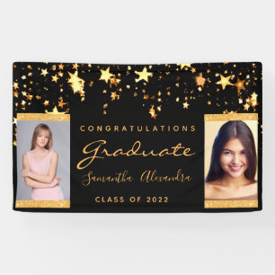 Graduation party black gold stars two photo banner