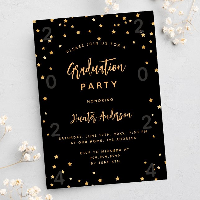 Graduation party black gold stars year invitation postcard (Creator Uploaded)