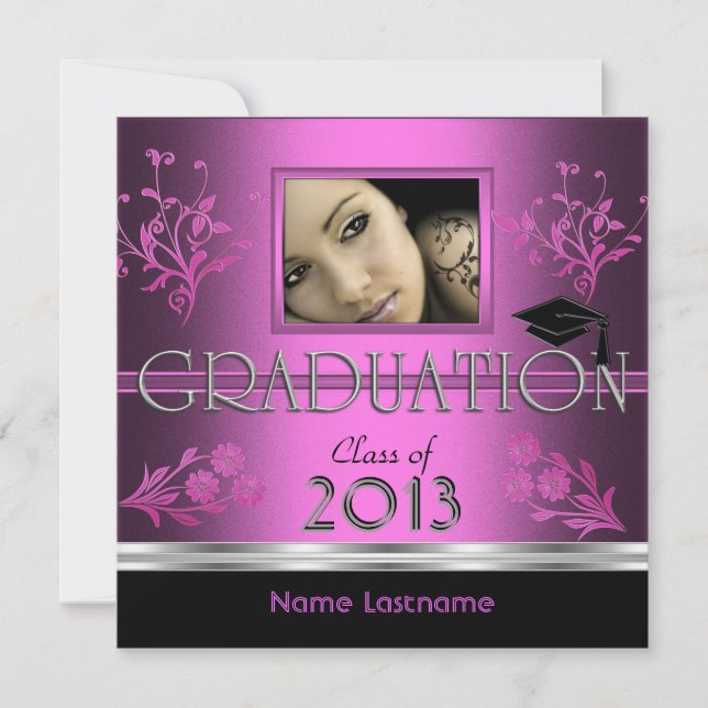 Graduation Party Black Pink Girl Photo Invitation (Front)