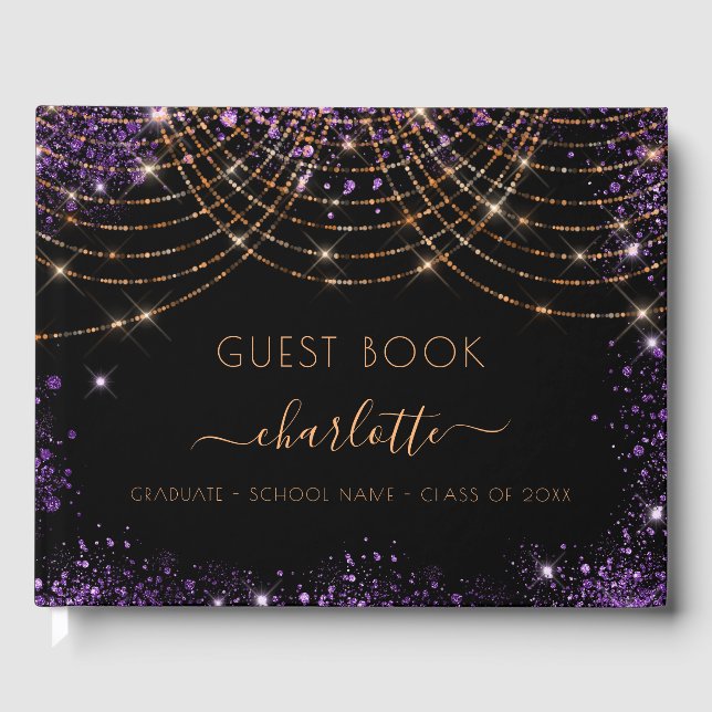 Graduation party black purple gold glitter 2025 guest book (Front)