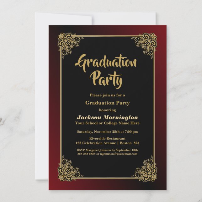 Graduation Party Black Red with Gold Frame Invitation (Front)
