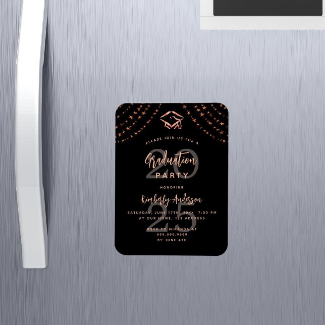 Graduation party black rose gold stars invitation magnet (Creator Uploaded)