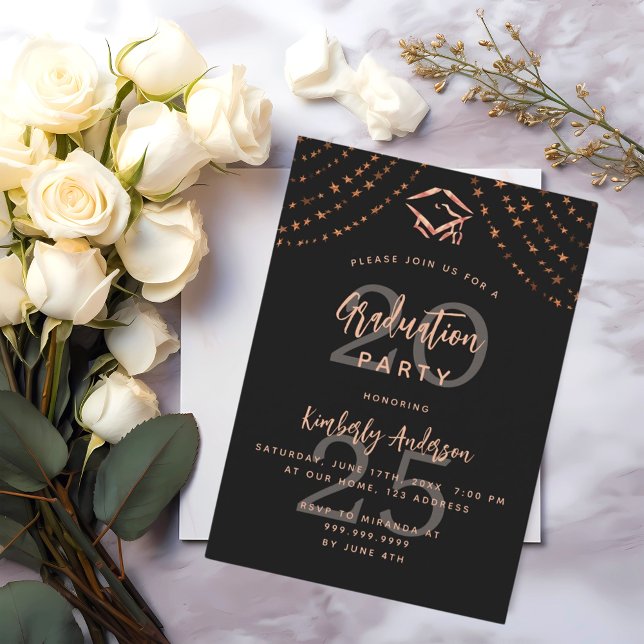 Graduation party black rose gold stars year luxury invitation (Creator Uploaded)